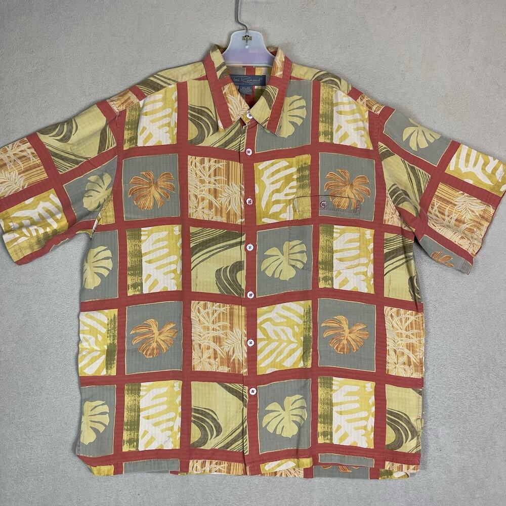 Tori Richard Shirt Mens XL Multicolor Floral Silk Short Sleeve Chest Pocket